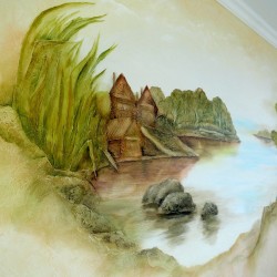 Рисунок домиков на озере, на стене. компания derufa Казань